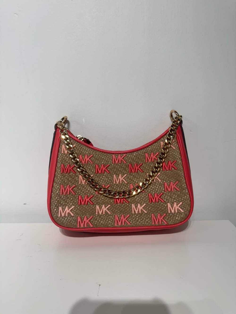 Michael Kors Brown Logo Shoulder Bag with Pink Trim and Gold Chain